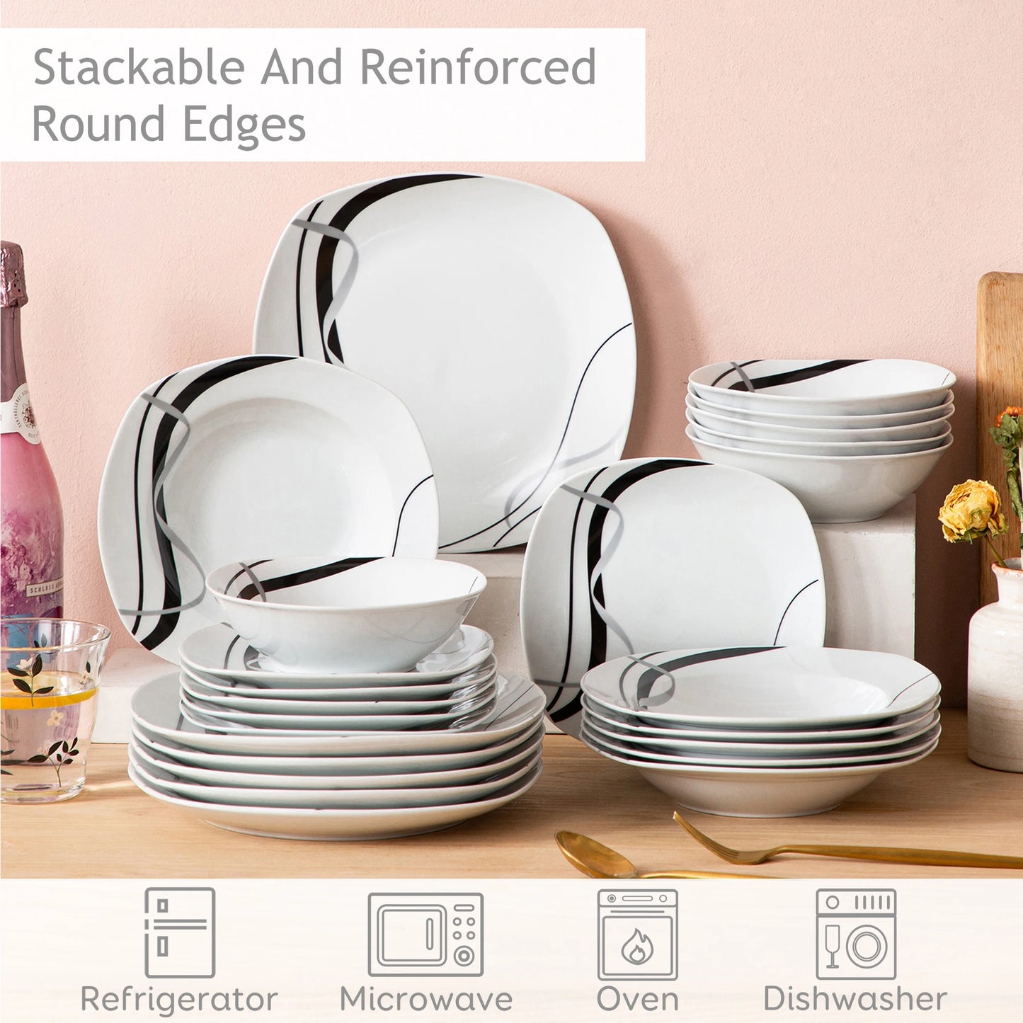 Malacasa Fiona Black Line Porcelain Dinner Plate Set