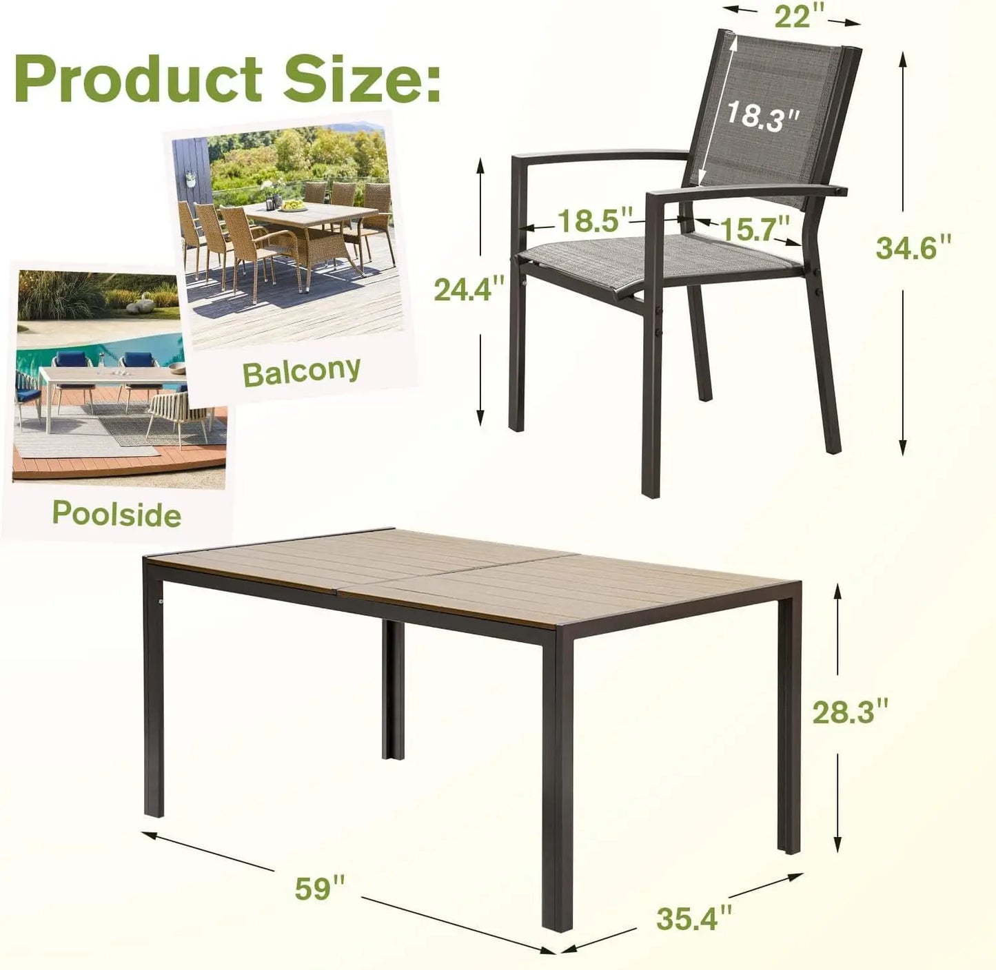 Patio Dining Set 7 Pieces Outdoor Furniture with Large Table and 6 Textilene Chairs for Porch, Poolside, Yard and Garden