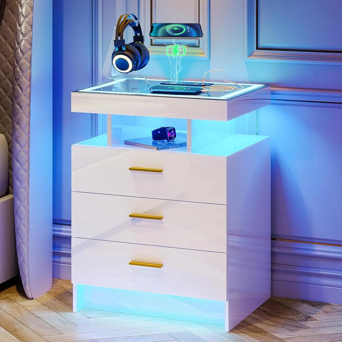 Wireless Charging Nightstand With Auto Sensor LED End Table