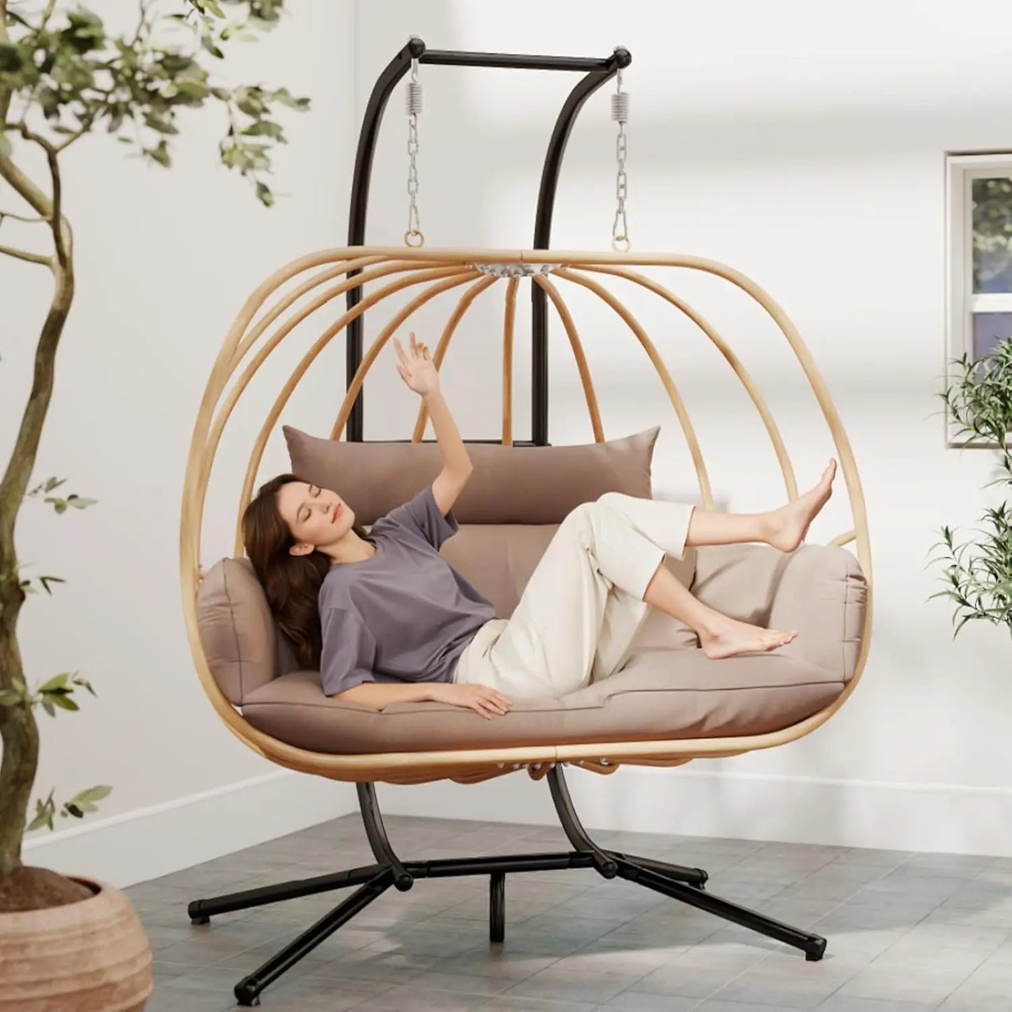 Double Egg Hanging Swing Chair With Stand Cushions Headrest