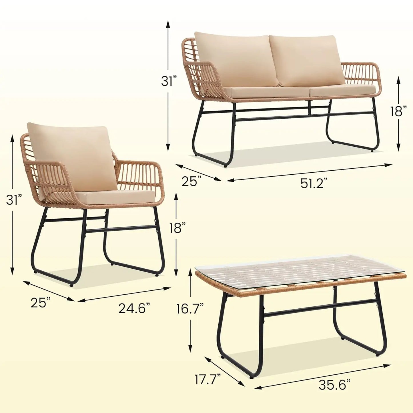 4 Piece Patio Bistro Outdoor Furniture Set Wicker Sofa and Table for Backyard