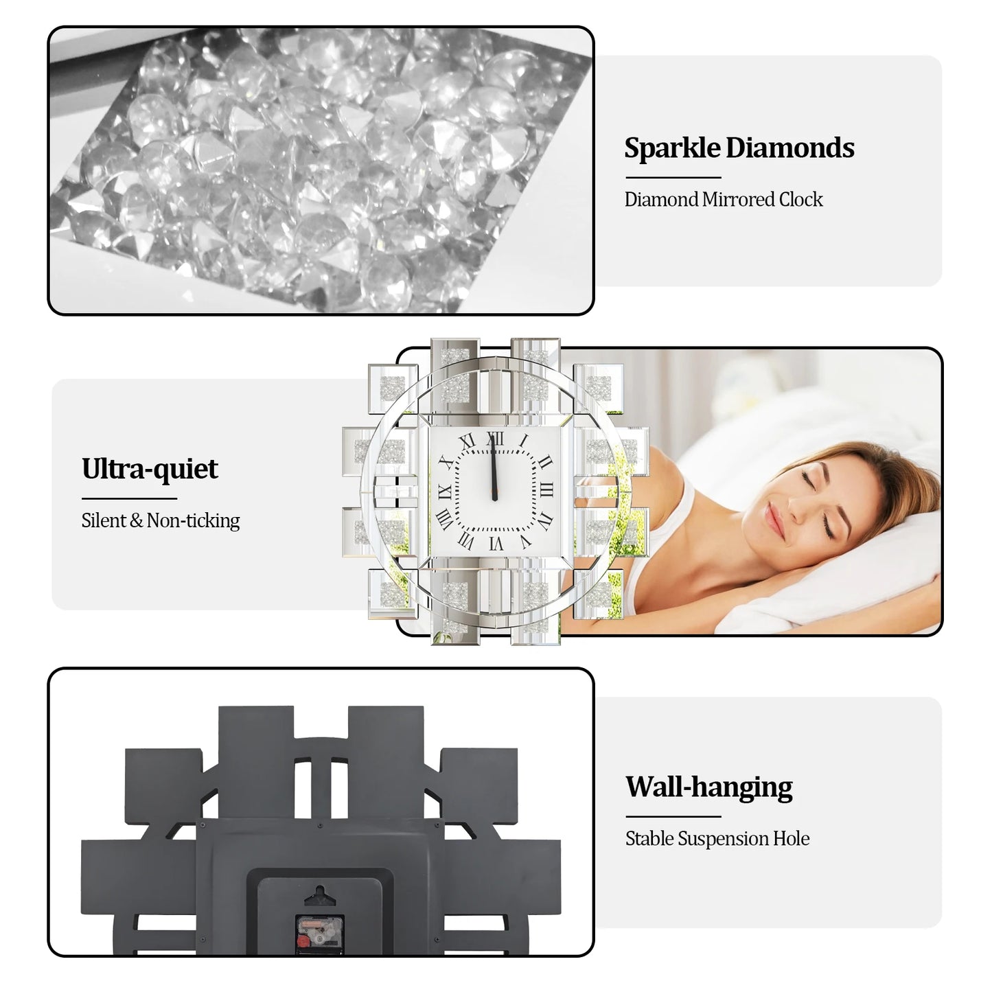 Irregular Diamond Mirrored Wall Clock Quartz Roman Numerals Living Room