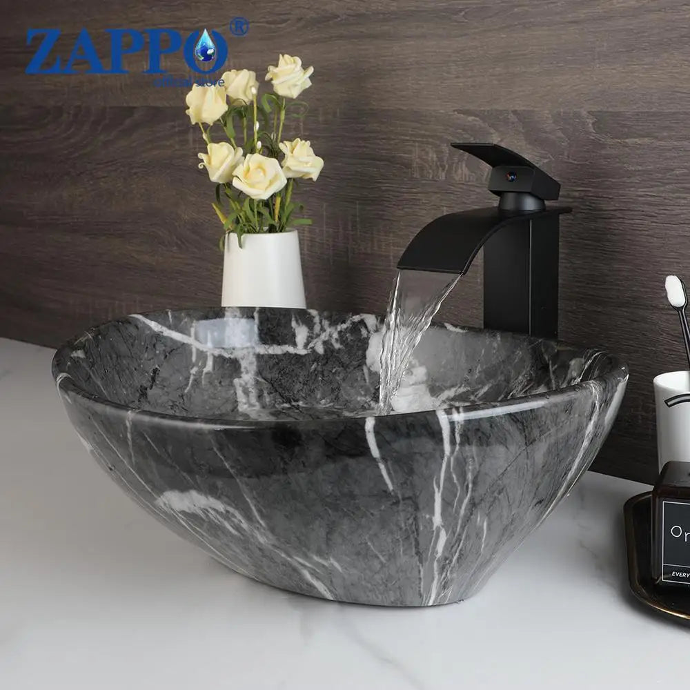Mekkhal Ceramic Vessel Sink Set With Waterfall Faucet For Bathroom