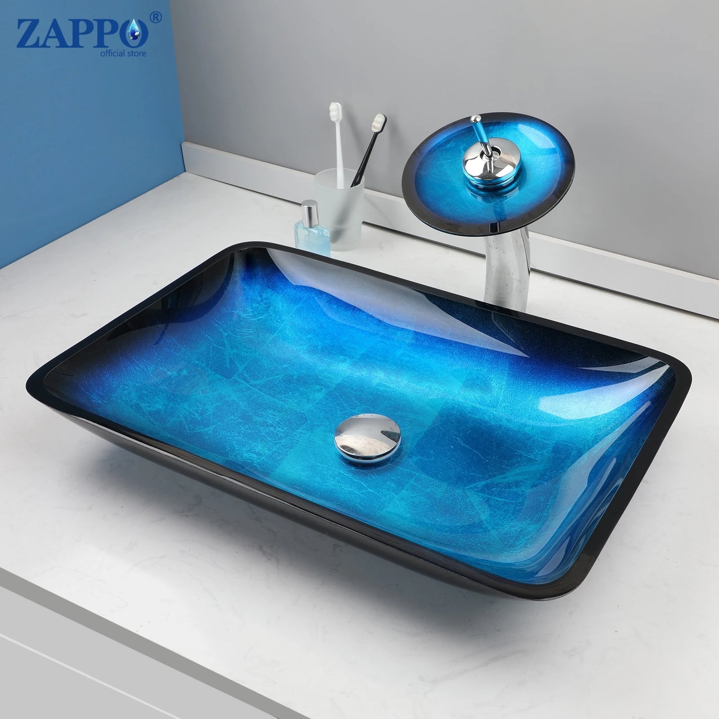 Mekkhalia Tempered Glass Oval Vessel Sink With Waterfall Faucet
