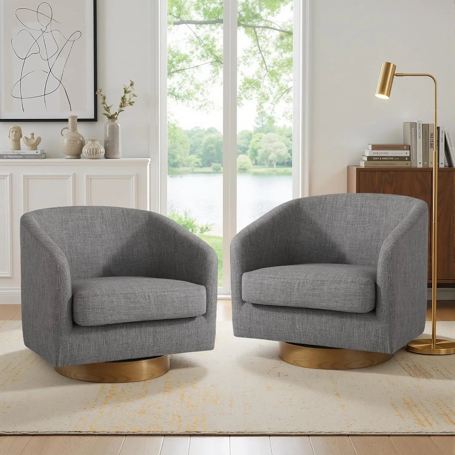 Swivel Accent Chair Set Of 2 Fabric Upholstered Barrel Armchairs