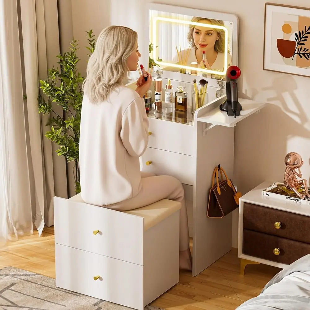 Wooden Makeup Vanity Desk With Mirror And Attached Lights