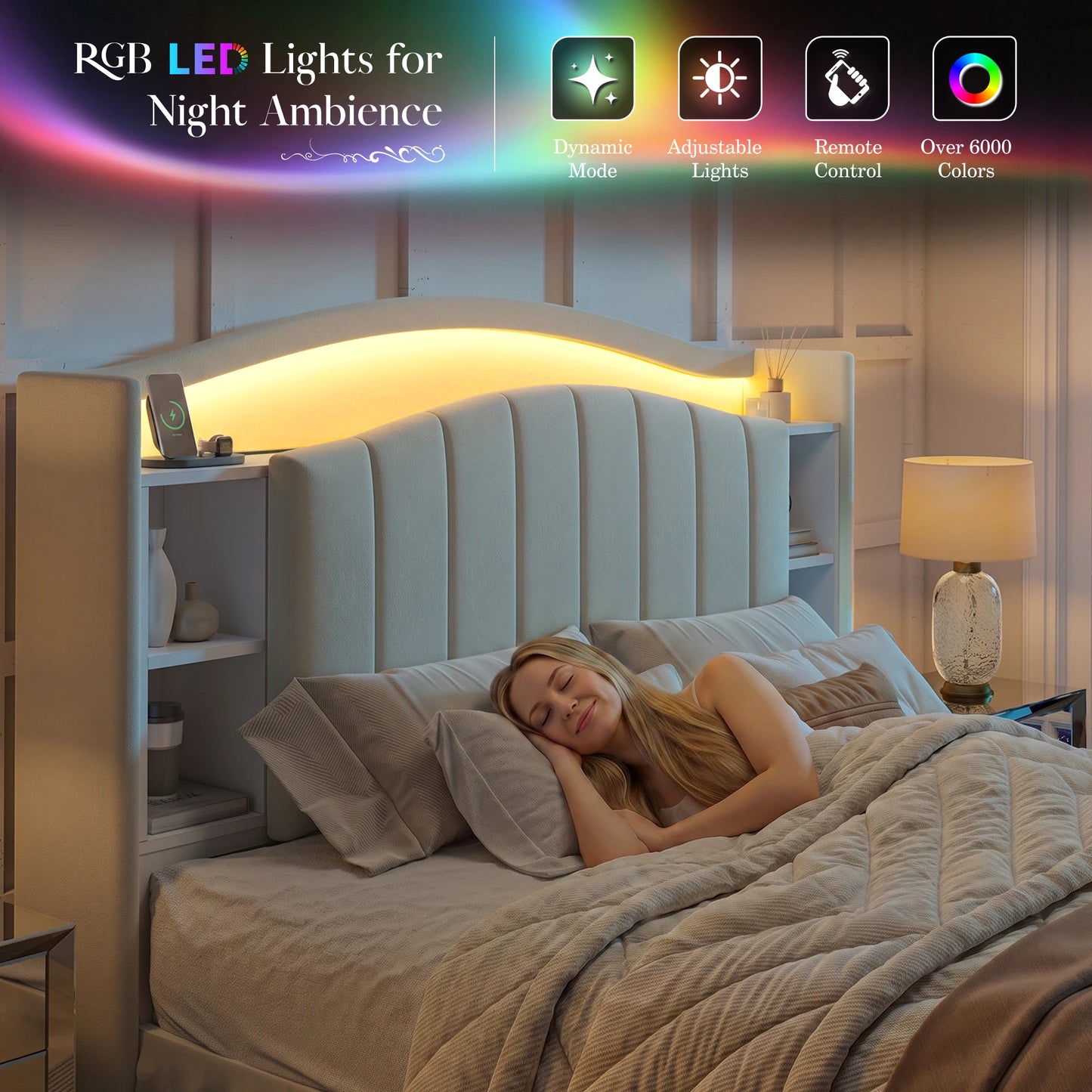 EnHomee Metal Bed Frame With Bookcase Headboard And Led Lighting