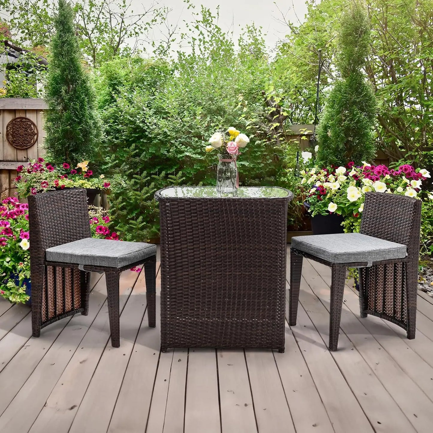 XIAOLANG 3 Piece Wicker Outdoor Patio Bistro Set With Glass Top Table