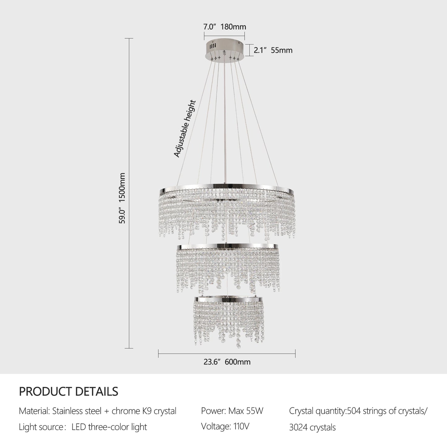Crystal Chandelier Pendant Light Adjustable Color Temperature 3000K To 6000K