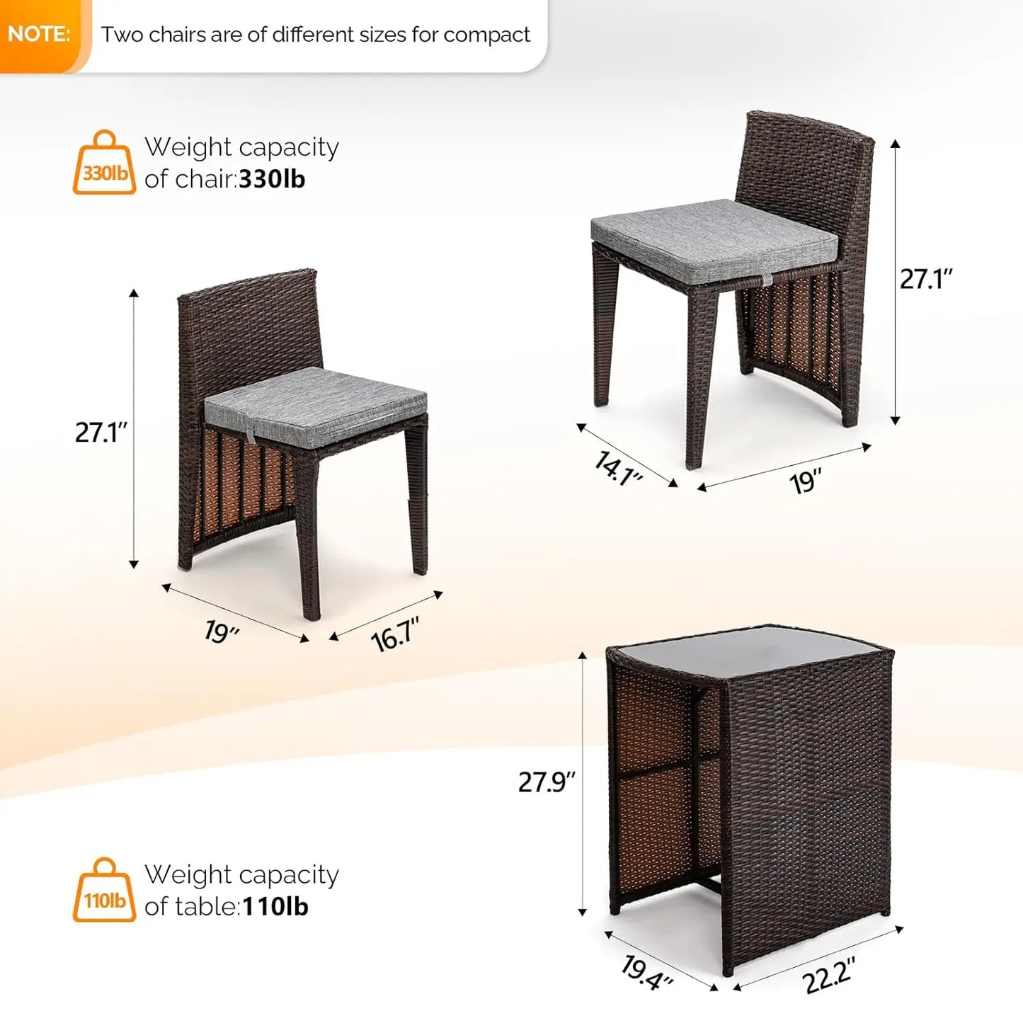 XIAOLANG 3 Piece Wicker Outdoor Patio Bistro Set With Glass Top Table