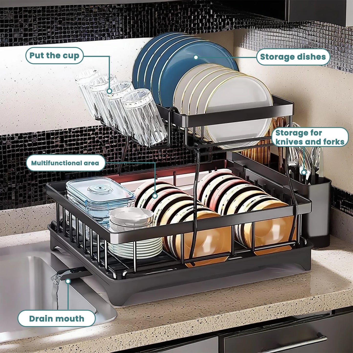 Two-Tier Dish Drying Rack for Kitchen Countertop with Removable Tray