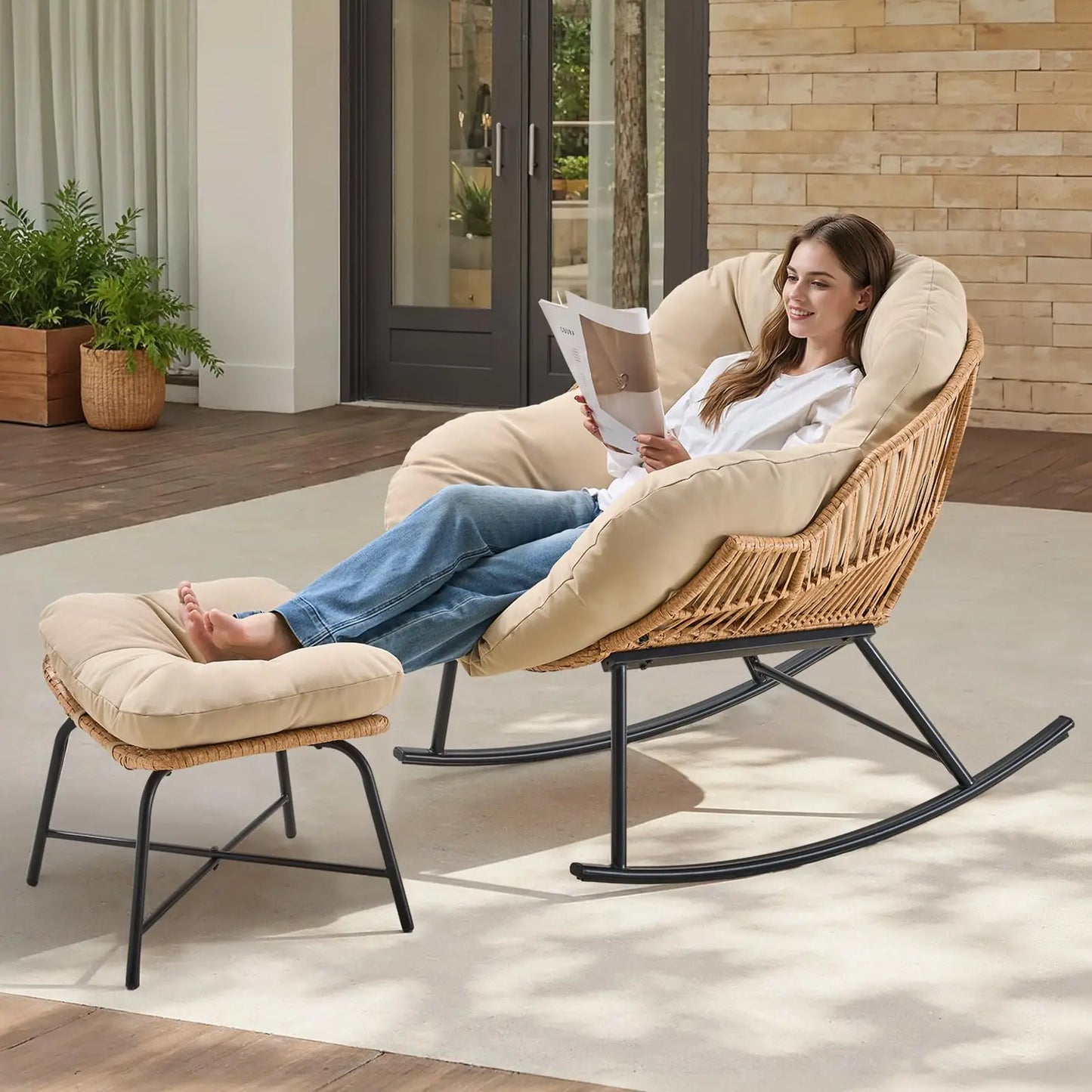 ONBRILL Papasan Rattan Rocking Chair With Ottoman Set