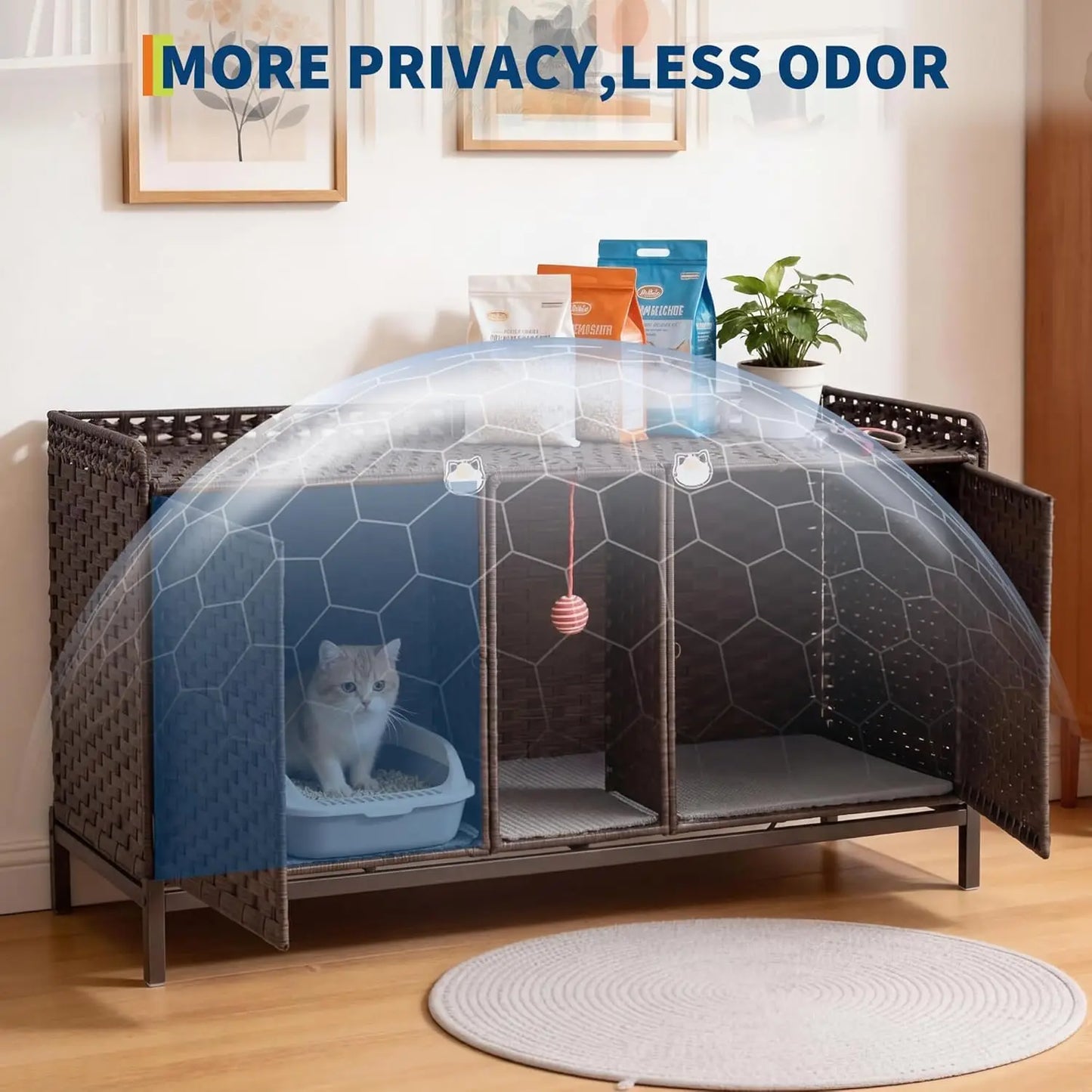 DishyKooker Hidden Cat Litter Box Enclosure Side Table Wicker Rattan