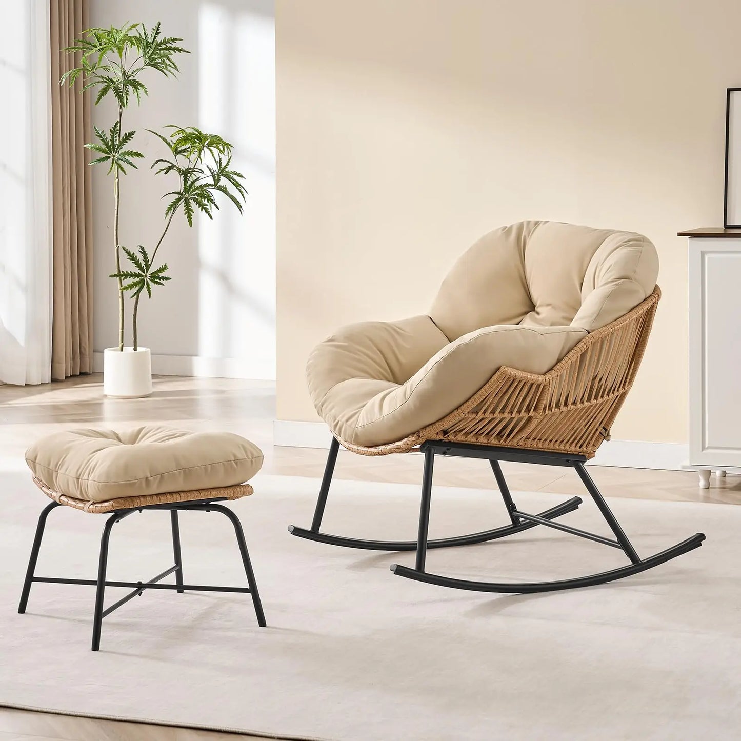 ONBRILL Papasan Rattan Rocking Chair With Ottoman Set